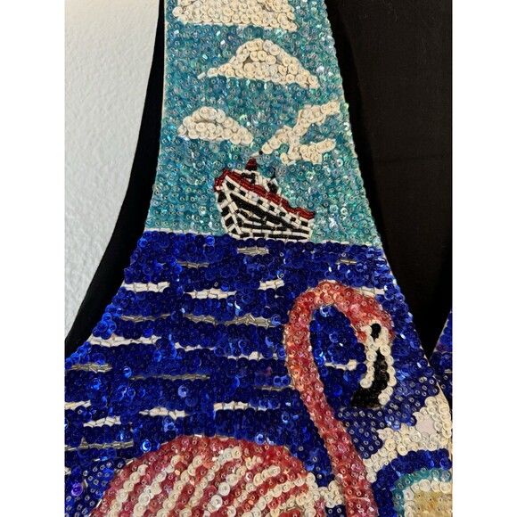 80s 90s Flamingo Sequin Sea Shell Vest Tropical Sparkle Palm Tree Large Beach - Picture 3 of 12